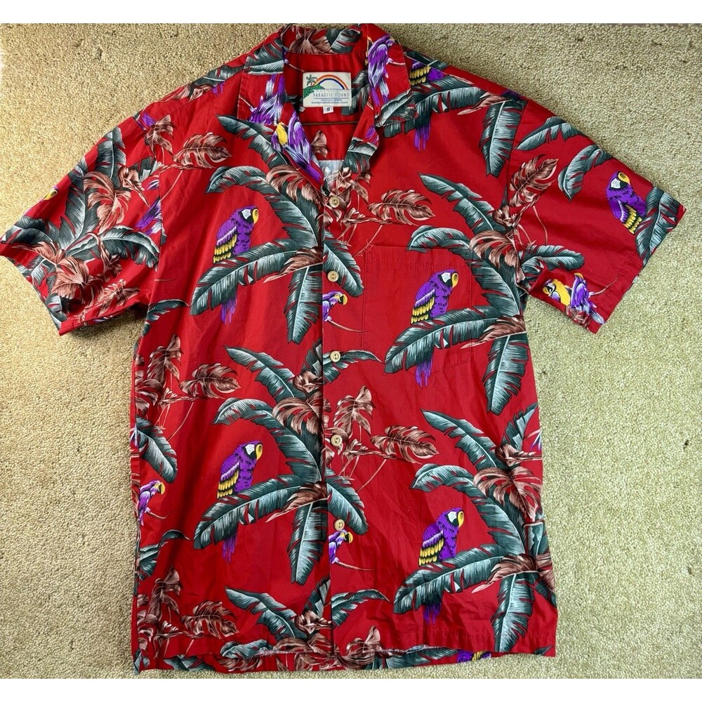 Vintage Paradise Found Shirt Men Small Red Jungle Bird Parrot Magnum PI Hawaiian